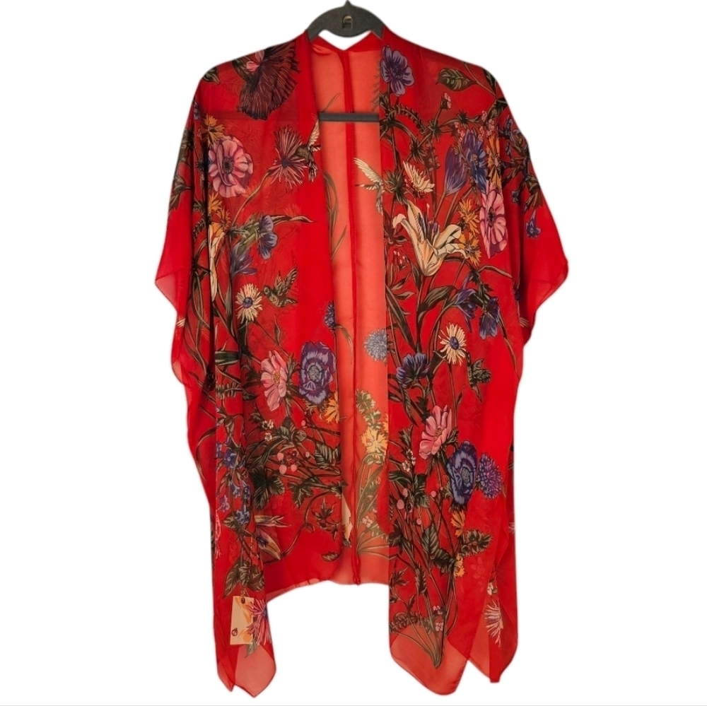 Bohemian Kimono Shawl red floral bathing suit coverup wrap beach boho duster‌
